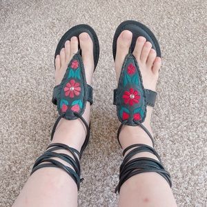 ASOS gladiator black floral red embroidered sandals made in India New